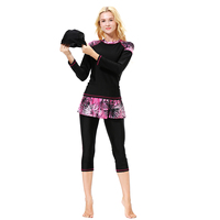 Traje de Baño Musulmán para Mujer, Burkini Conservador con Estampado, Manga Media Larga, Pantalones Capri, Conjunto de 3 Piezas, Protección UV Frontal, Venta Caliente