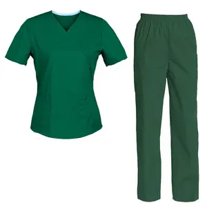 사용자 정의 로고 스크럽 정장 짧은 소매 최고 클래스 진한 녹색 스크럽 세트 도매 디자이너 의료 스크럽 유니폼