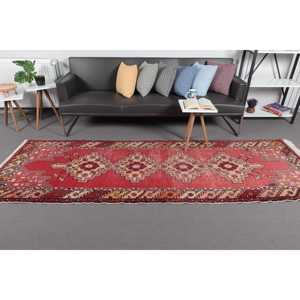 Alfombra Turca de 3.2x9.4 pies, Alfombra Vintage, Alfombra de Lana con Diseño de Camuflaje Rojo - Product Image 3