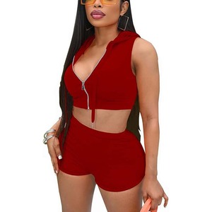 <b>Top</b> Trending Women's 2 Piece Tracksuits Casual Sleeveless Zip up Custom Drawstring Hoodie Elastic Waist Hoodie and Shorts Set - Product Image 6