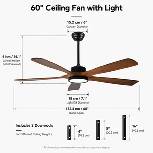 Ventilateur de plafond en bois massif de 60 pouces avec lumière, 5 pales, moteur DC, télécommande et contrôle par application pour salon - Stock Europe - Product Image 6