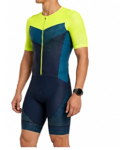 Traje de Triatlón Personalizado para Hombre, Manga Corta, Amarillo Neón con Patrón Azul, Transpirable, Ajuste Aerodinámico, Ropa de Ciclismo Reversible y Ecológica - Product Image 6