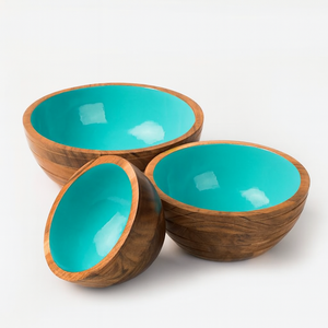 Saladiers en bois artisanaux turquoise décoratif intérieur bols de service faits à la main grands bols à mélanger en bois ustensiles de cuisine en gros - Product Image 2