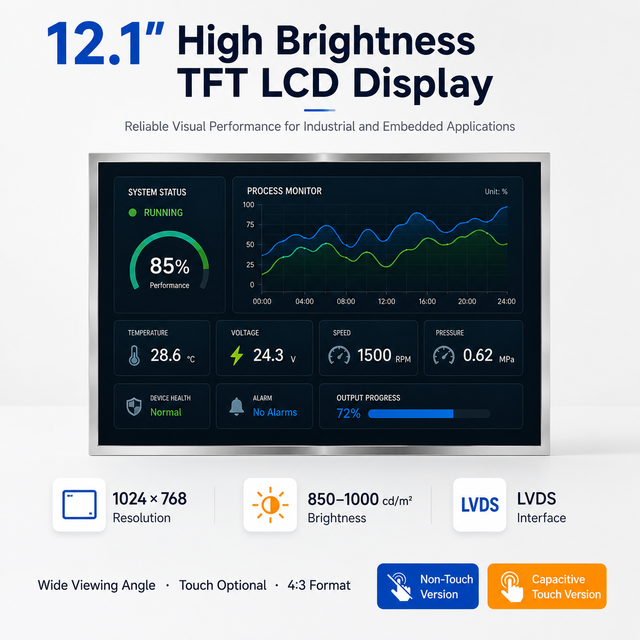 12.1 Inch 850 1000 Nits High Brightness TFT LCD Screen 1024x768 LVDS IPS with Optional Capacitive Touch for Industrial HMI