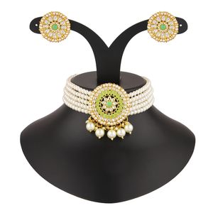 <b>Beaded</b> Necklace Jewellery Indian Faux Pearl Multi Layered Crystal Kundan Choker Necklace Earrings <b>Set</b>, Mint Color - Product Image 4