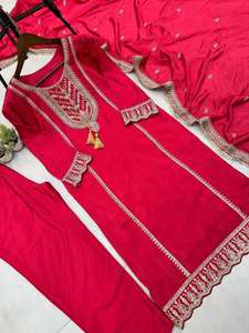 Juego de 3 piezas de color rosa y rojo en chinnon puro con trabajo de secuencia de bordado estilo pakistaní cosido listo para usar Salwar Kameez - Product Image 4