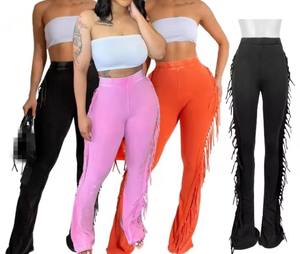 Pantalon en toile taille haute pour femme, nouvelle collection automne, écologique, infroissable, 100 % coton, délavé, avec pompons - Product Image 1