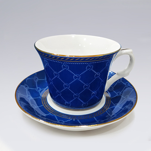 ชุดแก้วกาแฟเซรามิกชินไตหยวนพร้อมจานรอง สีน้ำเงินขอบทอง ลายพิมพ์แบบ Water Transfer ชุดของขวัญส่งเสริมการขาย - Product Image 1