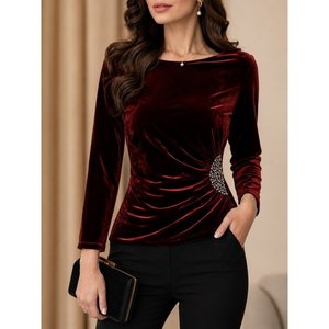 Blusa de terciopelo de manga larga para mujer, con cuello abierto y detalle de piedras en la cintura, 37433 - Borgoña - Product Image 1
