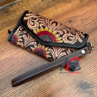 Dompet wanita kapasitas besar, tas tangan desain bunga matahari kulit multiguna, dompet gelang kulit asli