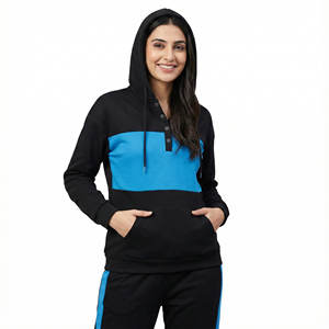 เสื้อฮู้ดสไตล์เฮนลีย์สำหรับผู้หญิง แบบสวมหัว มีกระดุม 1/4  กระเป๋าแบบจิงโจ้ ทรงปกติ สวมใส่สบาย - Product Image 1