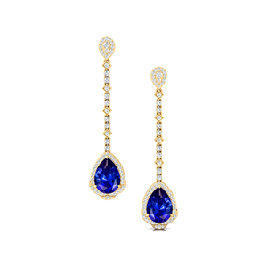 Hermosos pendientes colgantes de lágrima de zafiro azul y diamantes cultivados en laboratorio para mujer en oro sólido de 18K, joyería exótica de declaración - Product Image 4