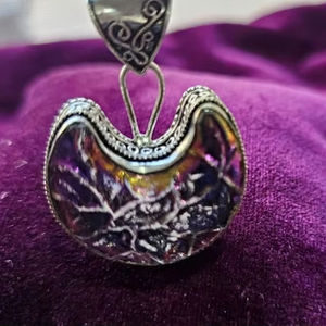 Bohemian Crescent <b>Moon</b> Mosaic Pendant in Sterling <b>Silver</b> Setting Handcrafted Purple Iridescent <b>Moon</b>-Shaped Inlay Pendant - Product Image 1