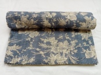 Sábana Plana King-Size 100% Algodón Kantha Hecha a Mano con Diseño de Plantas Indias Azul Desechable 200TC Art Deco para Hotel, Hogar y Sala de Estar