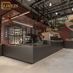 Comptoir de bar à café industriel personnalisé, dessus en pierre noire mate, comptoir de caisse moderne pour boulangerie, pour <span class=keywords><strong>restaurant</strong></span> - Product Image 1