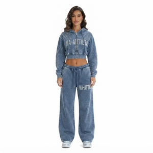 Women <b>Cropped</b> <b>Zip</b> <b>Up</b> <b>Hoodie</b> and Wide Leg Sweatpants Two Piece Acid Wash Rhinestone Tracksuit Set - Product Image 1