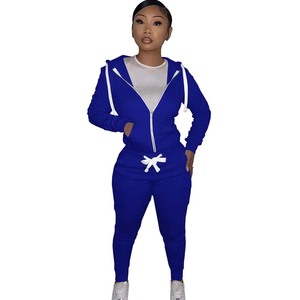 Sudadera con capucha + Pantalones para mujer, chándales elásticos con bolsillos y cremallera - Product Image 1