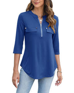 Camiseta Ligera con Cierre de Cremallera, Diseño Nuevo, Venta en Línea, Moda Femenina, Blusa Casual Holgada con Cuello Redondo y Cierre de Cremallera 3/4 - Product Image 5