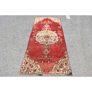 Alfombra de lana Vintage, color rojo y beige, 3,1x7,1 pies, Kilim turco, área grande, patrón abstracto, pasillo, rectángulo, látex de 10mm para habitaciones - Product Image 1