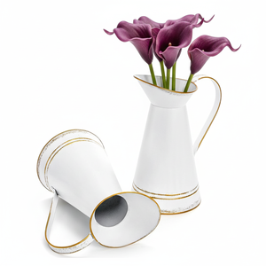 Vase en métal blanc vieilli vintage - Jarre rustique de style ferme française, porte-fleurs avec poignée, décoration shabby chic - Product Image 1