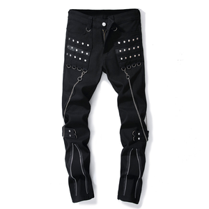 High Quality Wholesale Gothic Style Mens <b>Chain</b> Strap Jeans Mid-<b>Waist</b> Leather Trousers pants Black High Street Wear for Males - Product Image 4