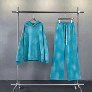 Chándal transpirable de algodón desgastado para mujer, traje de sudor de lavado ácido pesado Vintage de gran tamaño liso de alta calidad para mujer - Product Image 5