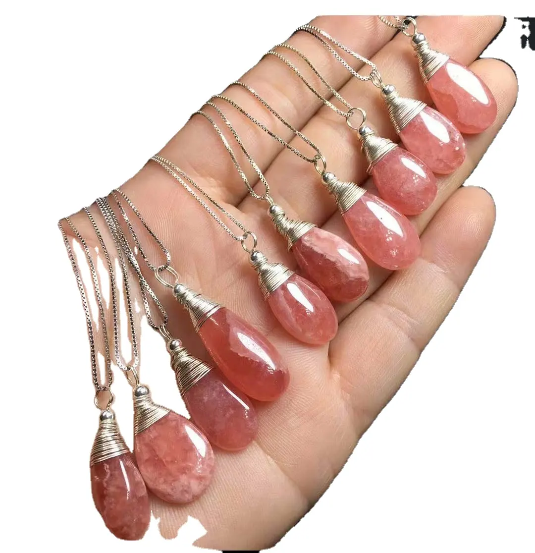 Trendy Style Tear Drop Rhodonite Smooth Loose Stones Necklace 8x15 mm In Size Silver Wire Wrapped Pendulum Necklace