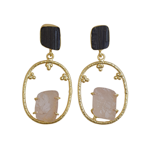 ต่างหูห้อยทรงคลาสสิกวินเทจสำหรับผู้หญิง ทำด้วยมือ ชุบทอง 14K ประดับด้วยทัวร์มาลีนและโรสควอตซ์ - Product Image 1