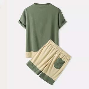 Liso con bolsillo color sólido hombre algodón poliéster conjuntos gemelos venta al por mayor personalizado hombres sueltos cuello redondo estilo corto verano conjuntos - Product Image 3