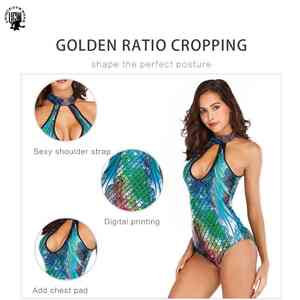 Maillot de bain bikini rétro imprimé grande taille pour femme avec col halter, bretelles en V, motif écailles et découpe au ratio d'or – Vente en gros - Product Image 3