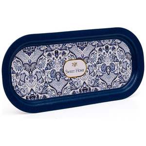 160x350mm élégant plateau rectangulaire en métal motif décoratif bleu et blanc inspiré de l'azulejo pour servir en étain nacré - Product Image 1