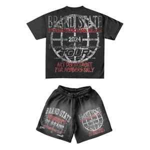 Ensemble short d'été 100% coton pour hommes, couleur unie, tenue quotidienne décontractée, deux pièces, T-shirt à manches courtes, poids lourd et écologique - Product Image 4