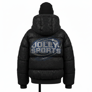 <b>Women</b> Premium Puffer Jacket 220 GSM Polyester Quilted Panels <b>Black</b> Rhinestone Hotfix Custom Logo Puffer Jacket for <b>women</b> - Product Image 2