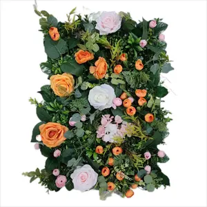 2024 New Arrival Fake Green Leaves Flower Wall Artificial Orange Pink Rose Small Floral Panel Flower Wall Panel