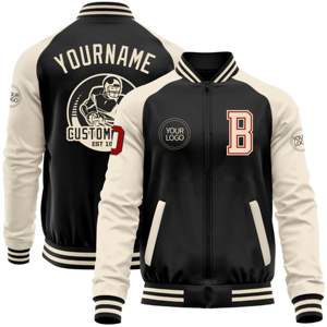 OEM Custom Manufacture High Quality <b>Black</b> Red-Cream Bomber Varsity Letterman Two Tone Zipper Jacket - Product Image 1