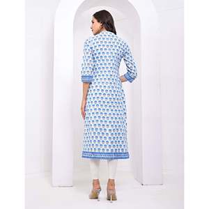 Cotton <b>Block</b> <b>Printed</b> White Blue Pakistani Dress for Girls Ethnic Indian Kurti with Salwar Kameez Daily & Party Wear - Product Image 6