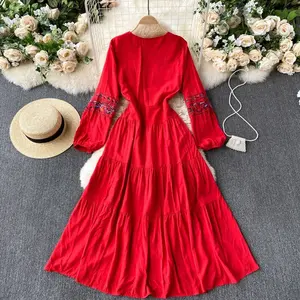 Wholesale Price V- Neck Full Sleeves Embroidery Cotton <b>Maxi</b> <b>Dress</b> for Women - Product Image 2