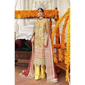 Vente chaude dames robe de soirée pakistanaise soie Salwar Kameez avec manches longues broderie costume pour femmes en coton lin - Product Image 5