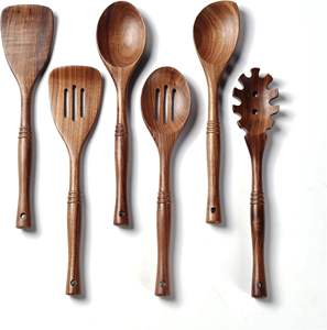 Juego de 6 cucharas de madera de acacia negra para cocinar utensilios de cocina de mango largo juego de servidor de ensalada único de 2 KETCHENWAR hecho a mano - Product Image 3