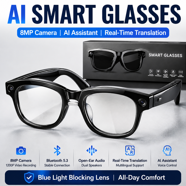 M01 Pro AI Smart Glasses with 8MP Camera Wireless  5.3 Open Ear Audio AI Assistant Real Time Translation Voice Control