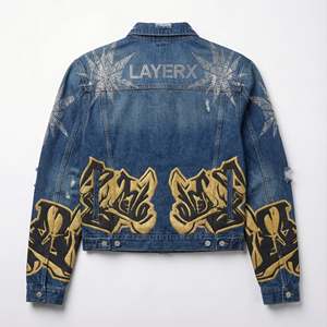 Veste en jean épaisse pour femme Y2K personnalisée, avec strass, graffiti, imprimé en relief, effet délavé, coupe courte, style streetwear, fabrication en usine - Product Image 3