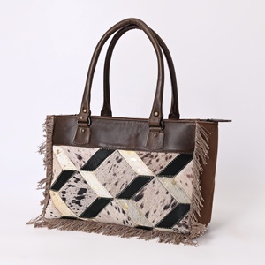Latest Western Weekender Tote <b>Bag</b> for Women Cowhide <b>Canvas</b> Recycled Leather <b>Large</b> Capacity Travel Shoulder <b>Bag</b> Zip Closure - Product Image 2
