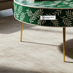 Mesa de Centro Redonda Moderna con Incrustaciones de Resina Verde Hueso y Base de Metal Dorado, Diseño Floral, Muebles de Sala de Estar, Ecológica y Duradera - Product Image 6