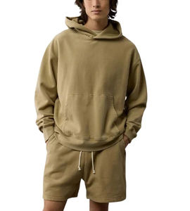 ชุดเซ็ตเสื้อฮู้ดดี้แขนตกและกางเกงขาสั้นขายดีสำหรับผู้ชาย ผ้าฝ้ายฟลีซ 100% แบบเรียบง่าย สวมใส่สบาย ทรงโอเวอร์ไซส์ สำหรับผู้ชาย - Product Image 1