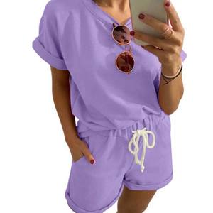 Conjunto de Top y pantalones cortos de verano para mujer, camiseta de media manga de Color sólido con cordón, cintura elástica, pantalones cortos holgados, pantalones de algodón - Product Image 6