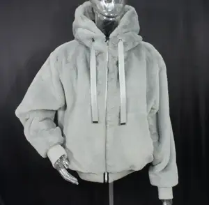 Ecusite-chaqueta con capucha para mujer, chaqueta tejida de piel falsa gris para invierno