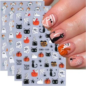 Set di Flower-4PCS di scheletro di ragnatela di zucca di Halloween 3D Nail Art adesivi decalcomanie simpatico fantasma gatto nero - Product Image 3