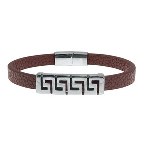 Bracciale con Motivo Greco in Acciaio Inox 316L e Pelle Marrone con Chiusura Magnetica Lunghezza 22cm - Braccialetti Eleganti - Product Image 1