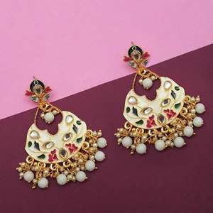 Kriaa <b>Fine</b> <b>Dangle</b> <b>Earrings</b> White Meenakari and Beads Kundan 1314217E Model - Product Image 1