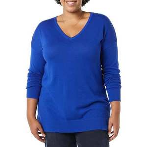 Pull en tricot brodé pour femme, design unique, col en V, laine/acrylique, couleur bleue, mode décontractée d'hiver, séchage rapide à l'avant - Product Image 1